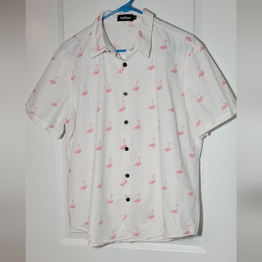 VATPAVE Mens 100% Cotton Hawaiian Shirt Flamingos Button Down Short Sleeve SZ M
